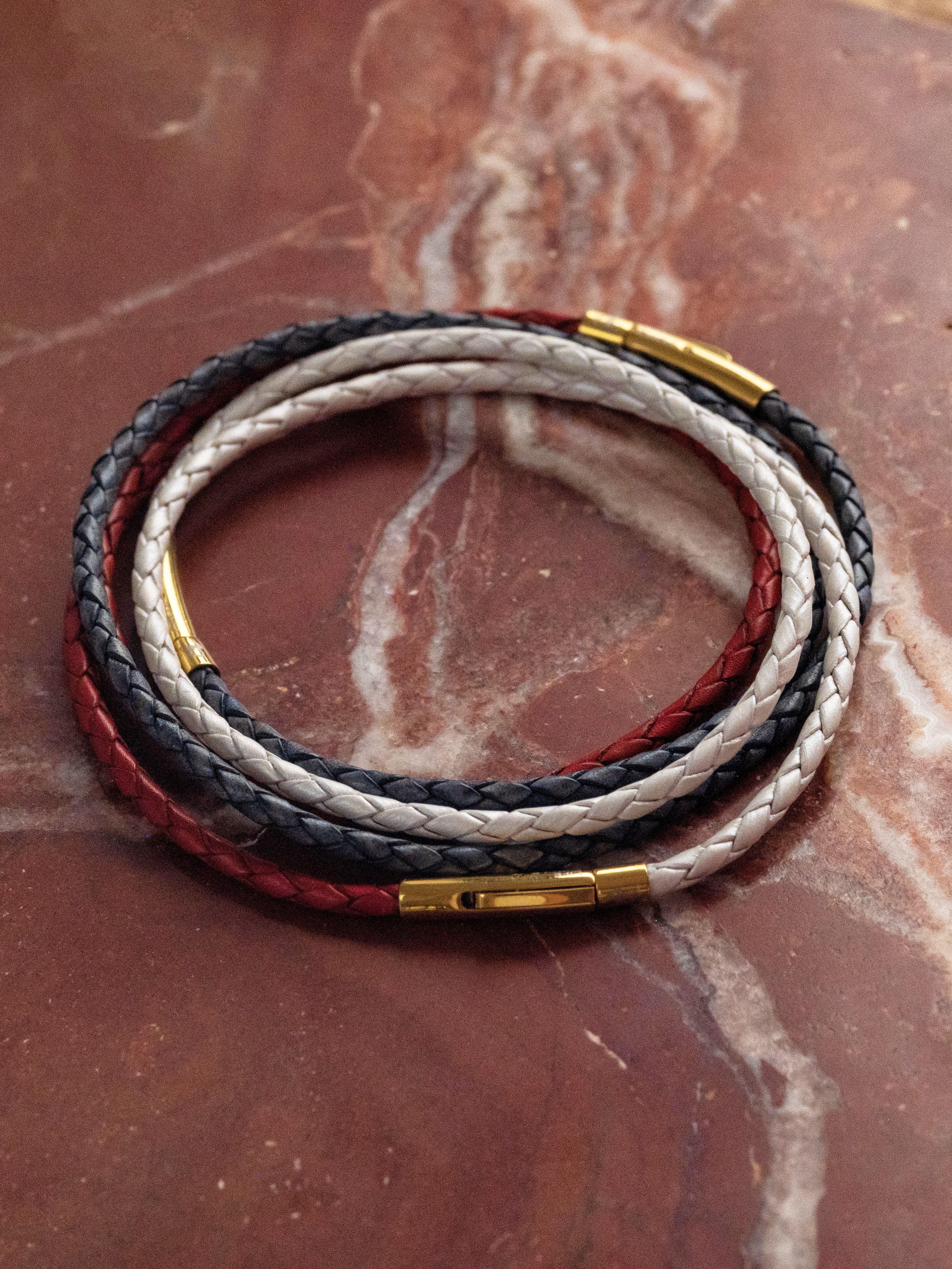 Bracelet cuir modulaire sur‑mesure Bleu Antique & Rouge & Blanc Nacre Harmonie Française, LifeCircle