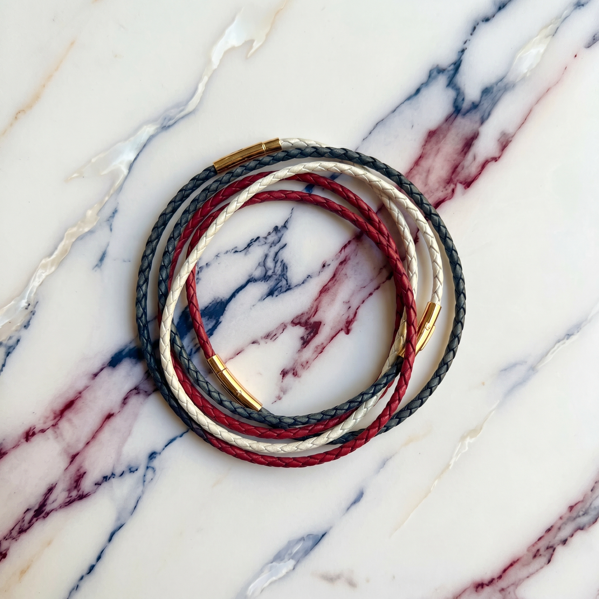 Bracelet cuir modulaire sur‑mesure Bleu Antique & Rouge & Blanc Nacre Harmonie Française, LifeCircle