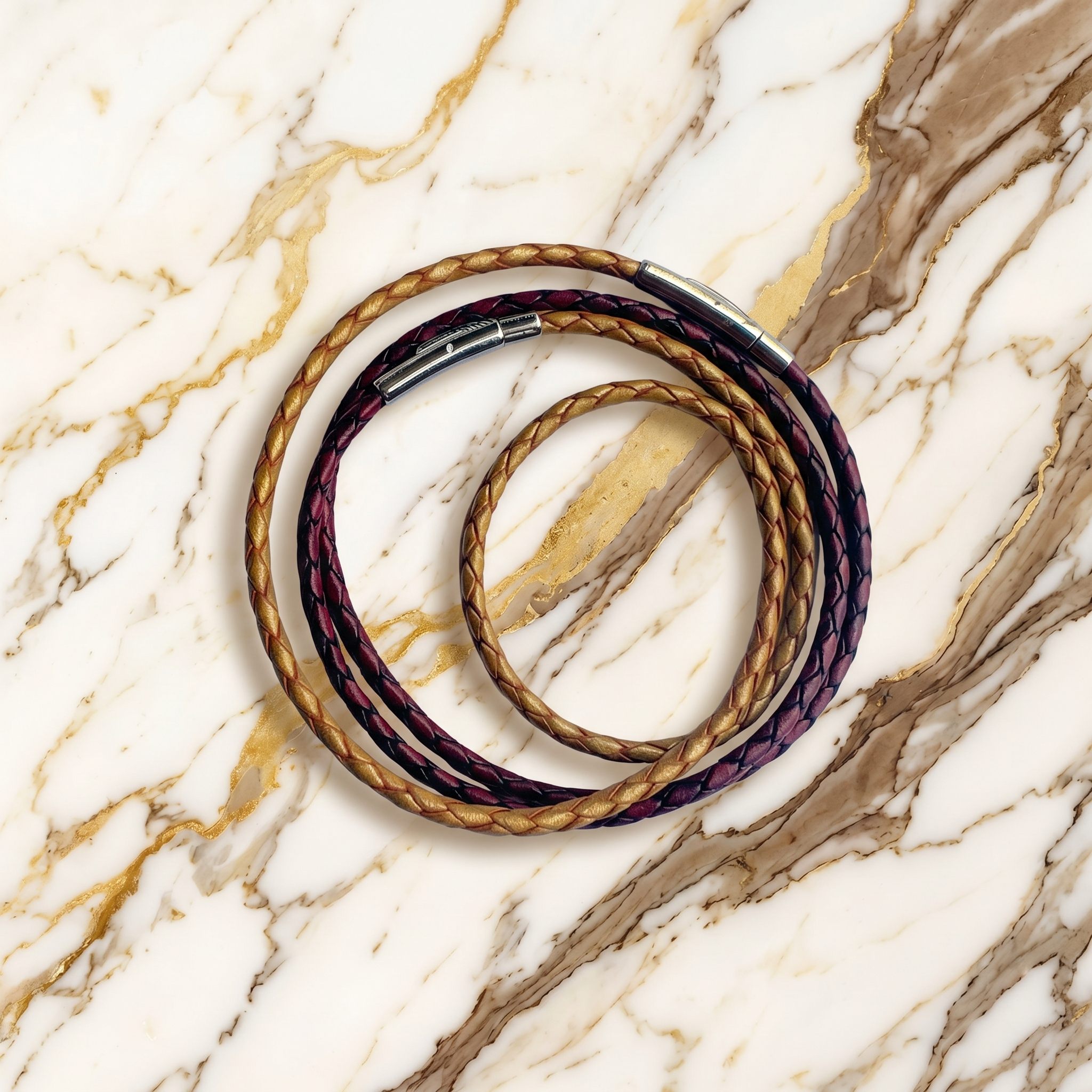 Bracelet_cuir_modulaire_sur_mesure_Doré_Maron_antique_Equilibre_Ambre_LifeCircle_Paris