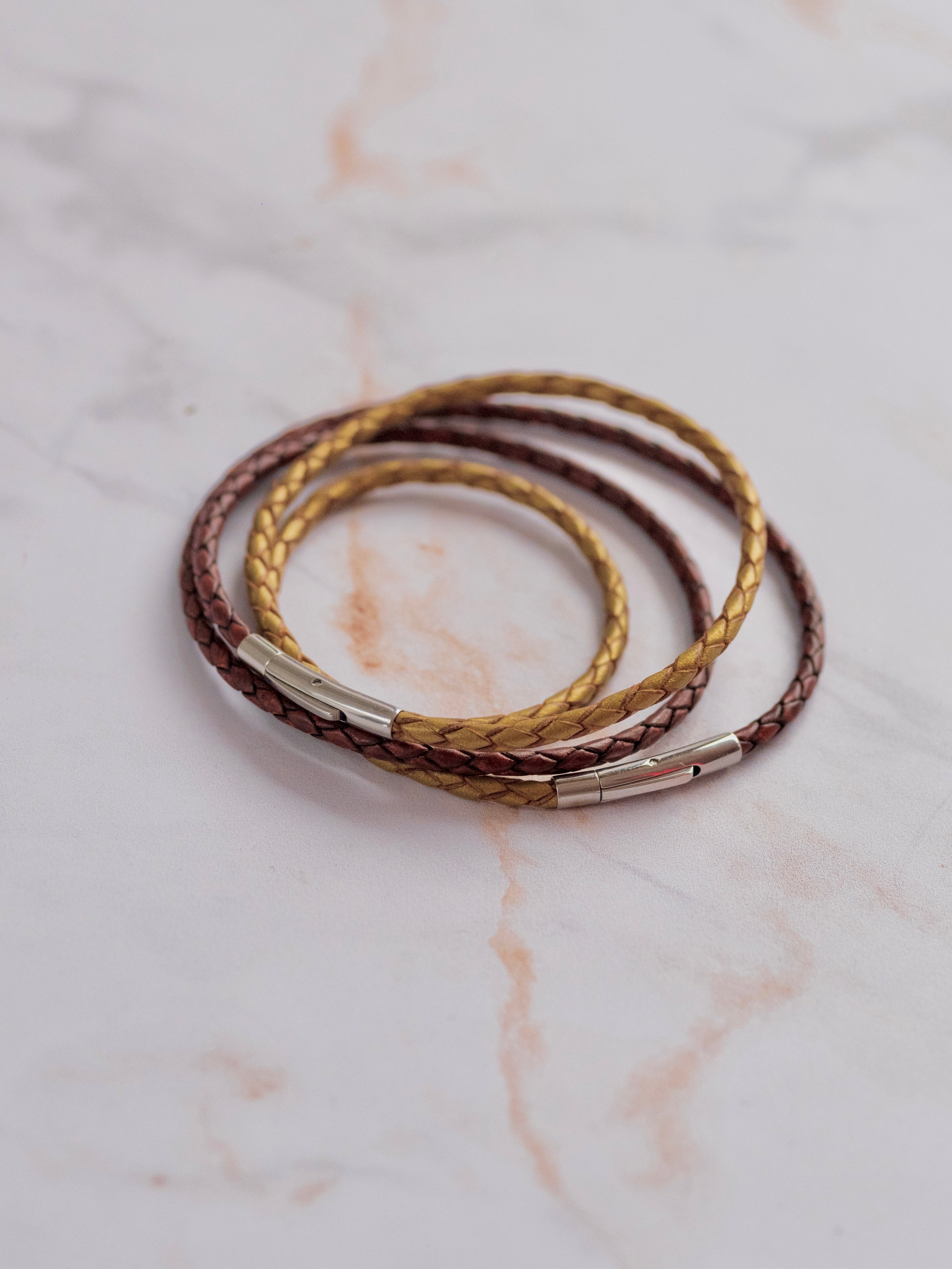 Bracelet cuir modulaire sur‑mesure Marron Antique & Doré, Equilibre Ambre, LifeCircle
