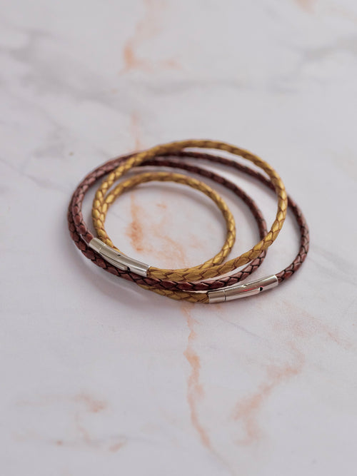 Bracelet cuir modulaire sur‑mesure Marron Antique & Doré, Equilibre Ambre, LifeCircle