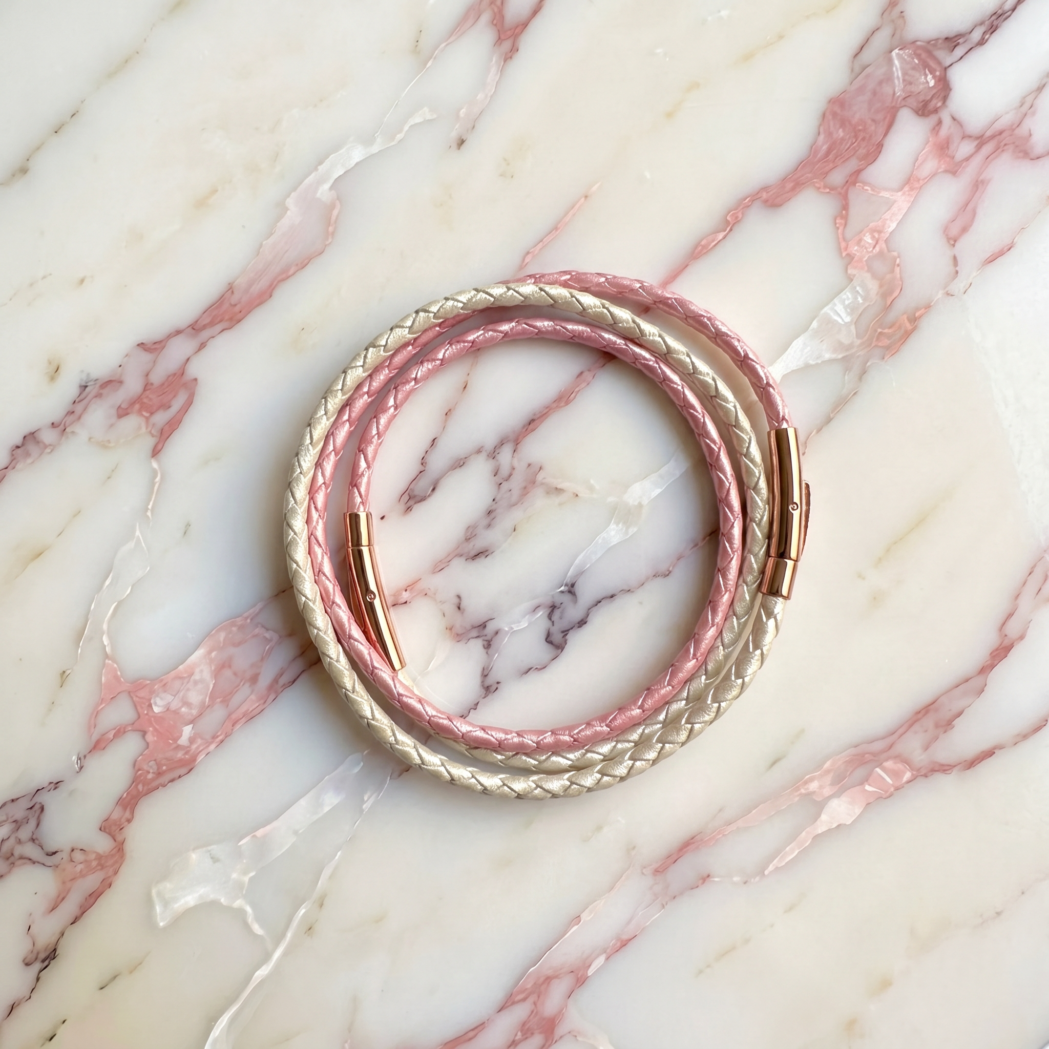 Bracelet cuir modulaire sur‑mesure Rose Métallique & Blanc Nacre Equilibre Aurore, LifeCircle