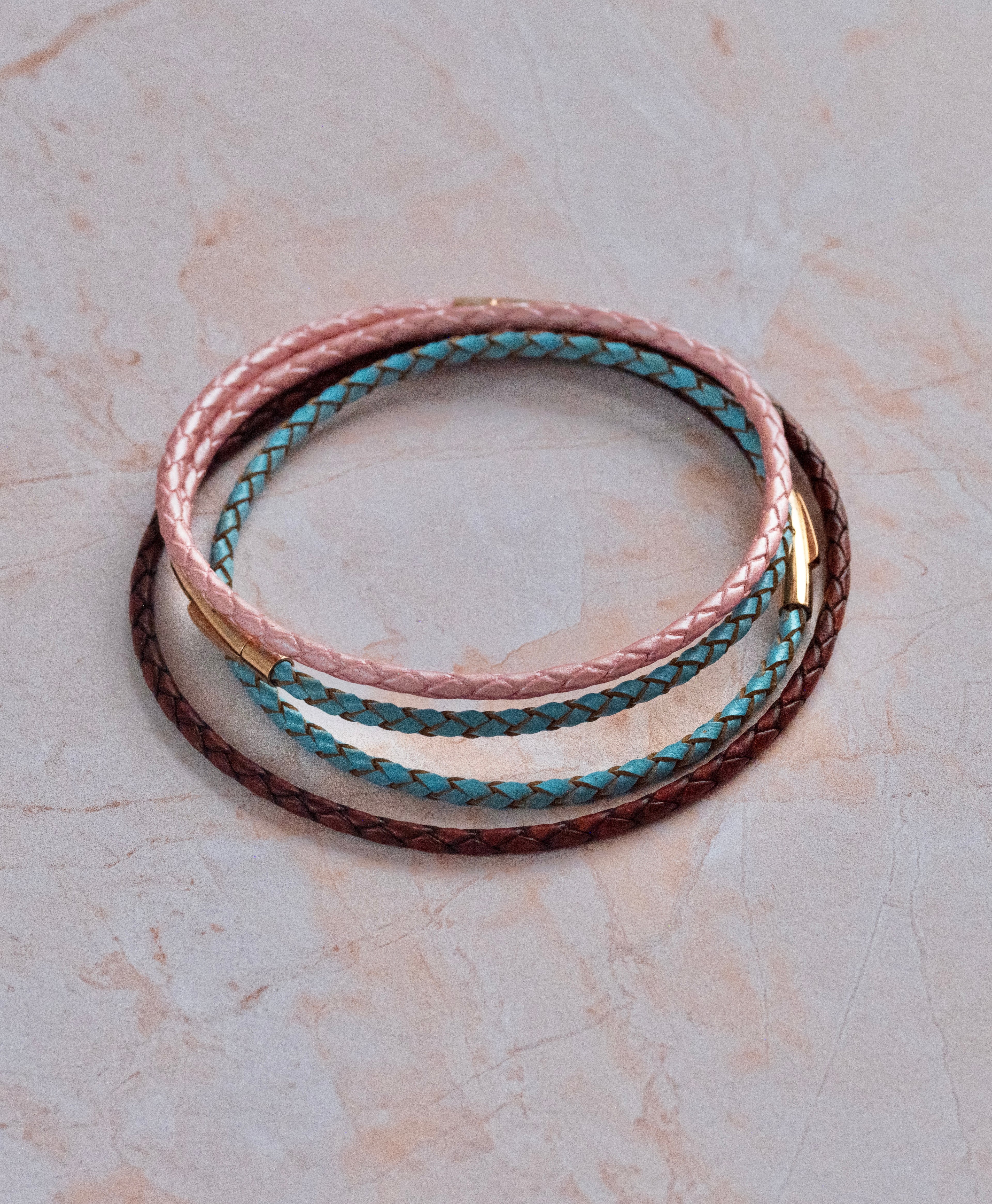 Bracelet cuir modulaire sur‑mesure Rose Metallique & Marron & Bleu Lac Harmonie Bohème I LifeCircle