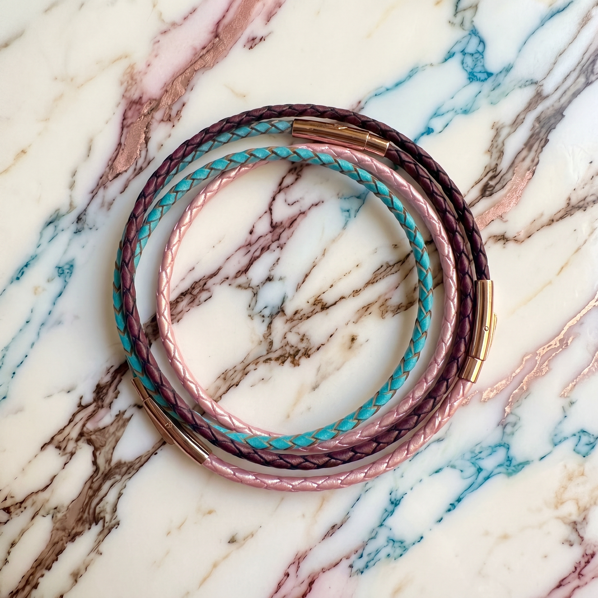 Bracelet cuir modulaire sur_mesure Rose Metallique & Marron & Bleu Lac Harmonie Boheme, LifeCircle