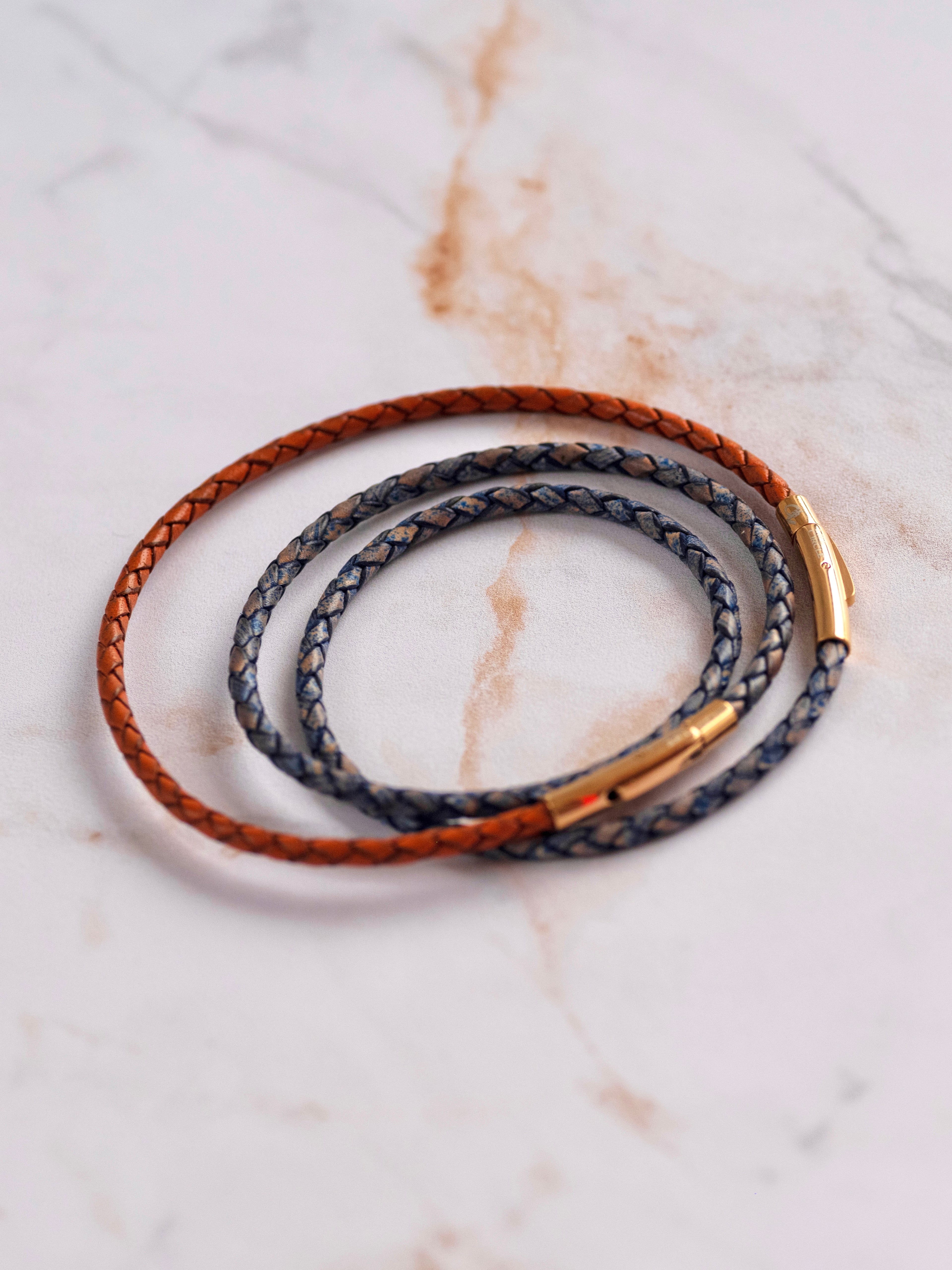 Bracelet en cuir modulaire sur‑mesure Bleu Antique & Orange, Extraverti Sunset, LifeCircle