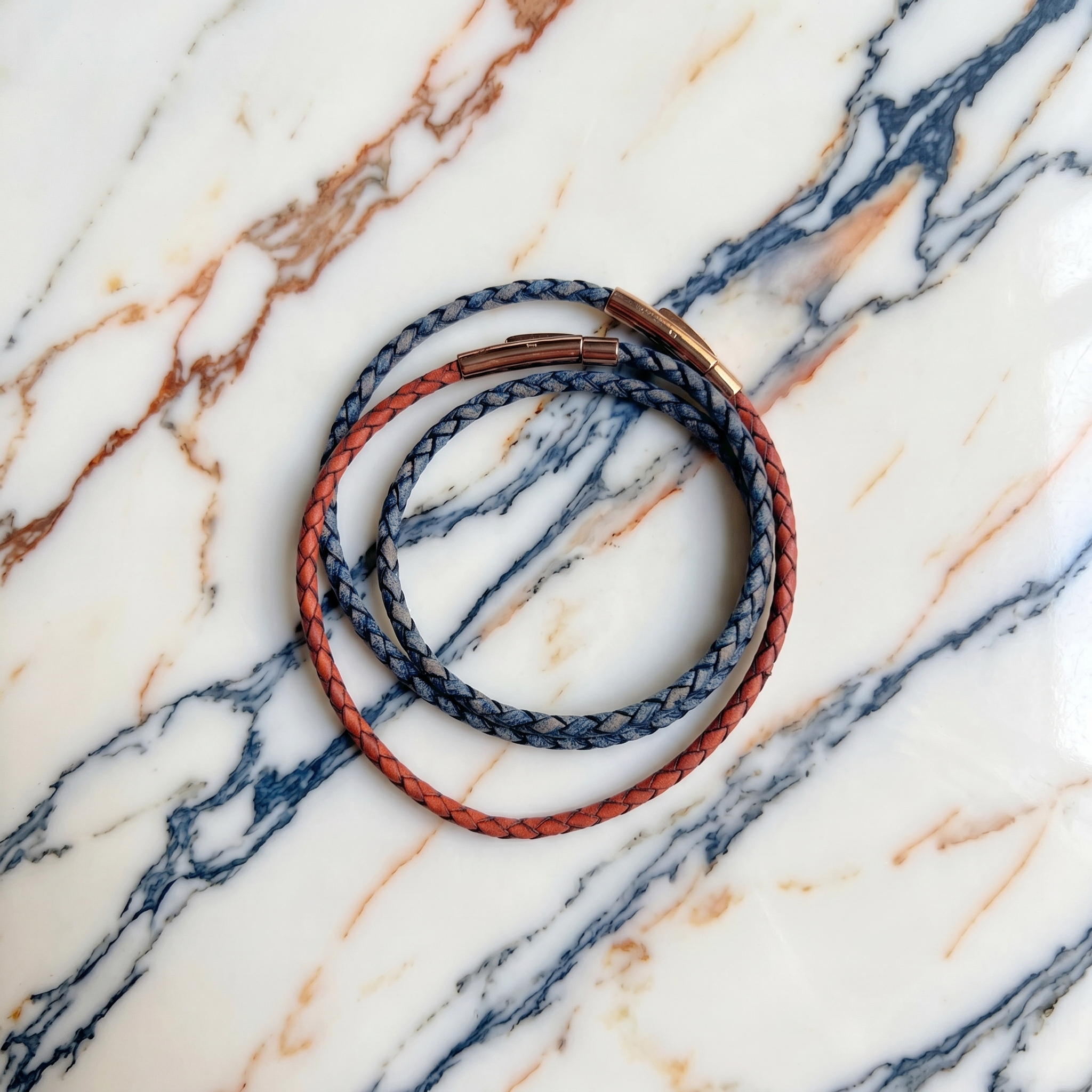 Bracelet en cuir modulaire sur‑mesure Bleu Antique & Orange, Extraverti Sunset, LifeCircle