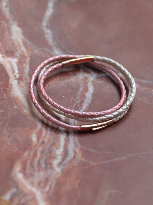 Bracelet en cuir modulaire sur‑mesure Rose Metallique & Blanc nacre Equilibre Aurore, Life Circle