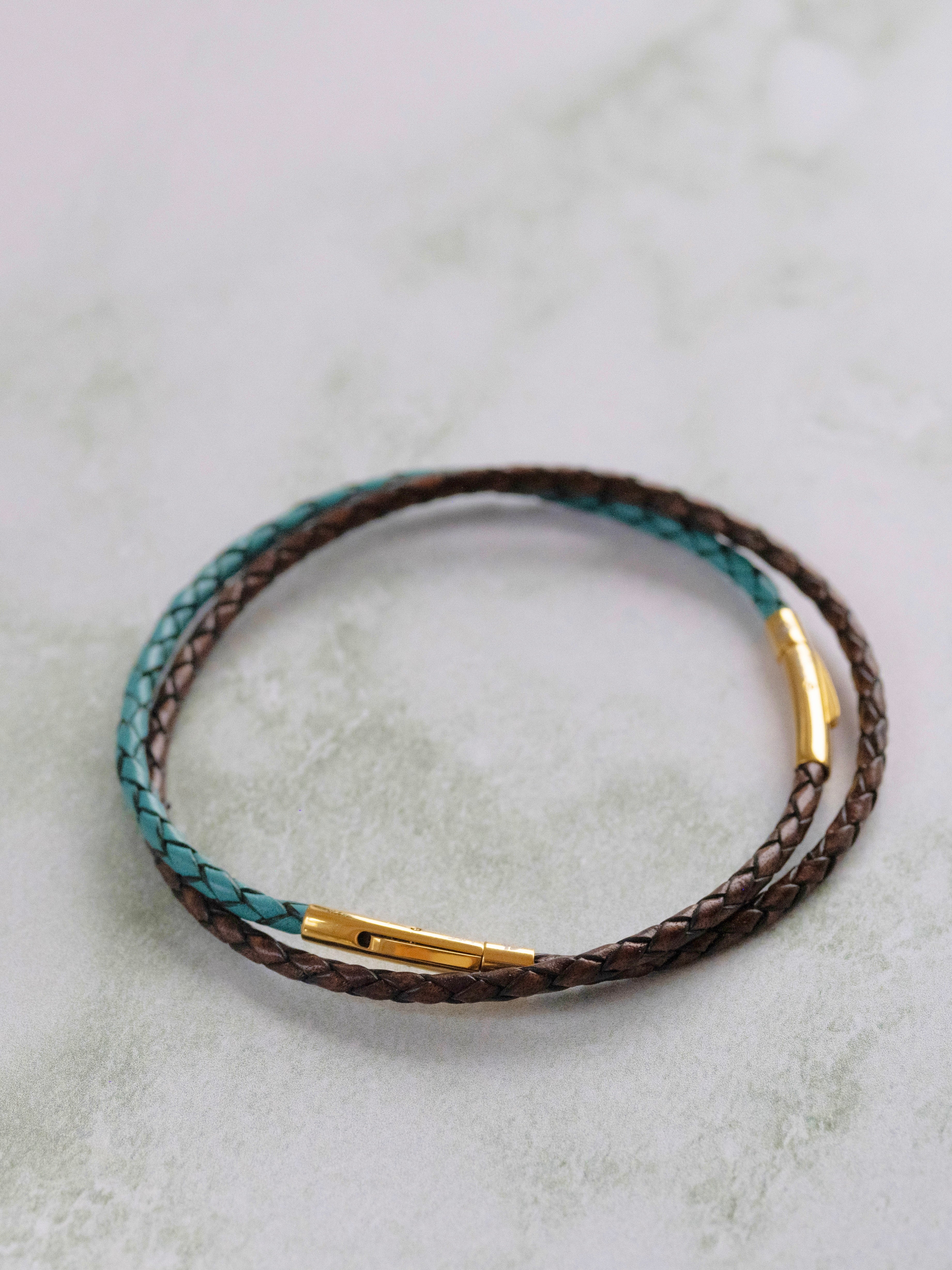 bracelet en cuir modulaire sur‑mesure Marron Antique et Turquoise, Extraverti Oasis, LifeCircle