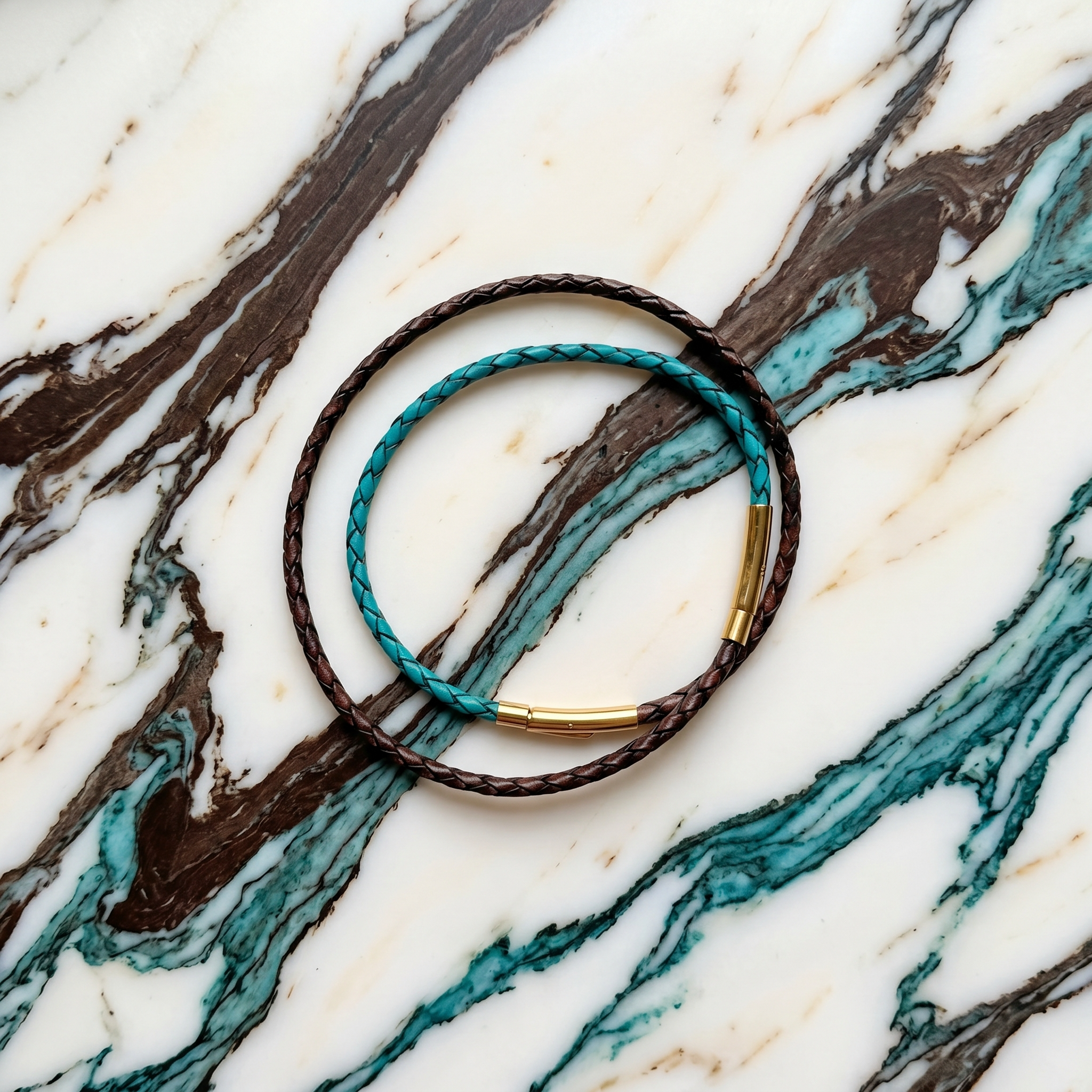 bracelet en cuir modulaire sur‑mesure Marron Antique et Turquoise, Extraverti Oasis, LifeCircle
